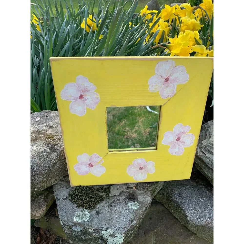 Handpainted ReFab Mirror Wall 10 x 10 Yellow with Dogwood Flowers Wall Hanging